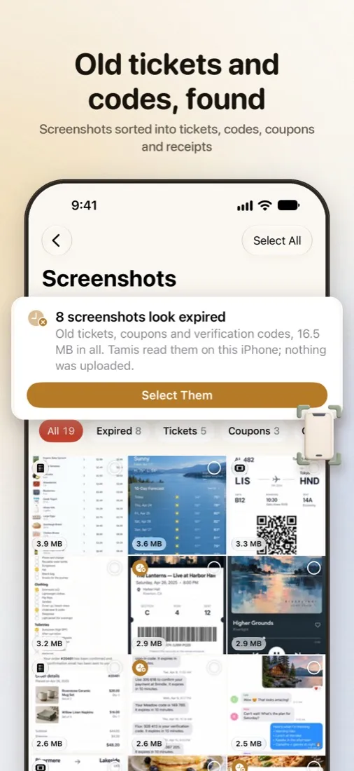 Screenshots sorted into tickets, codes and receipts